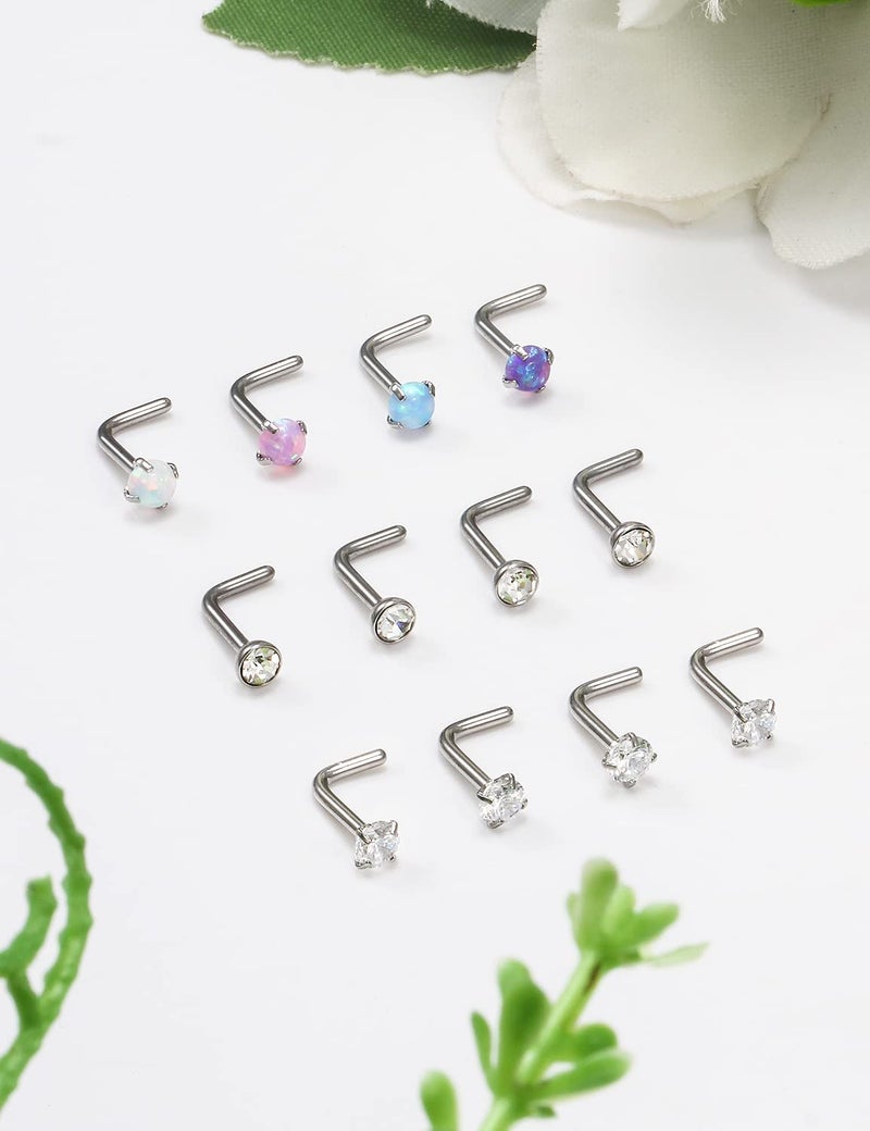 Cisyozi 22G Nose Rings Studs for Women Men Stainless Surgical Steel Silver L Shaped Bent Nose Nostril Rings Stud Set Piercing Jewelry for Women Men 1.5mm Diamond CZ Opal - Image 3